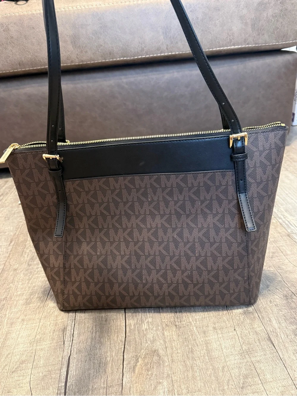 Michael Kors Brown Monogram Tote with Black Trim and Gold Accent